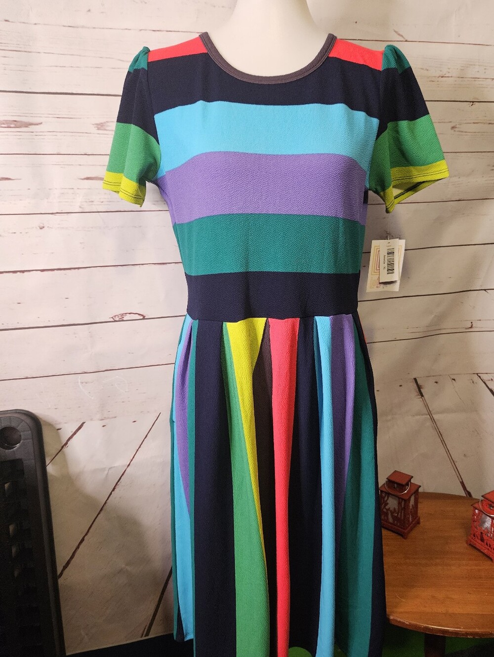 Multicolor Striped Fit & Flare Dress - Navy and Bright Stripe - Picture 3 of 3